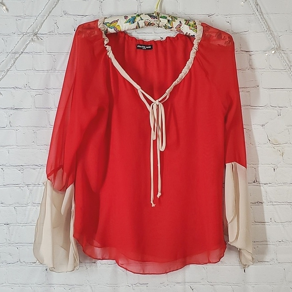 Y2K Cha Cha Vente USA Made Red White Flowy Valentine Statement Sleeve Top Sz Sm